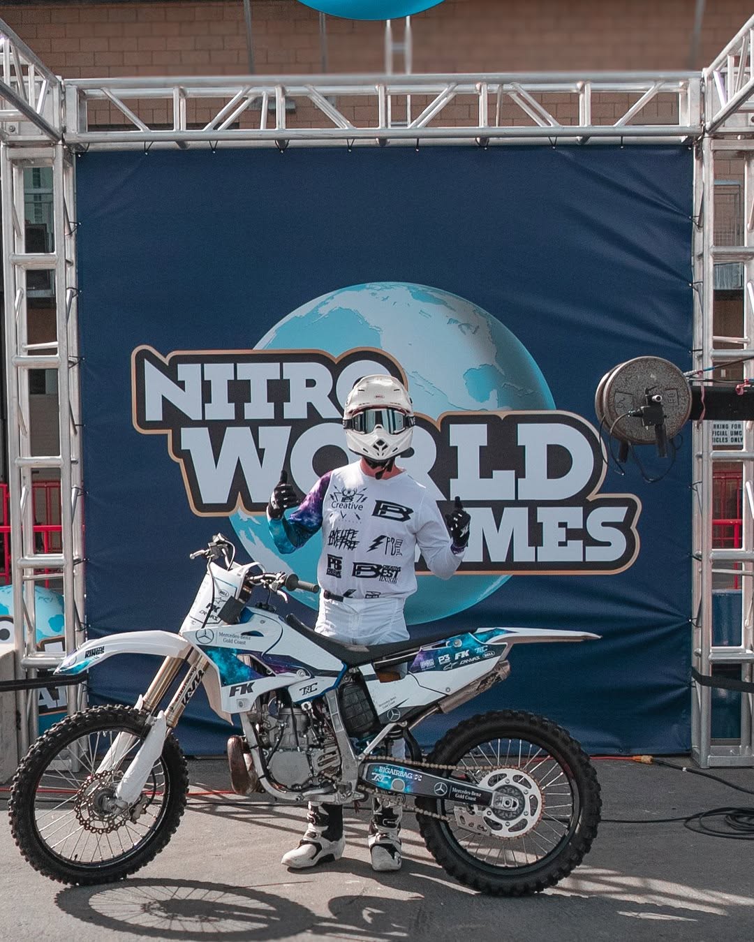 Pat Bowden with his Mercedes-Benz-branded motorcycle at Nitro World Games