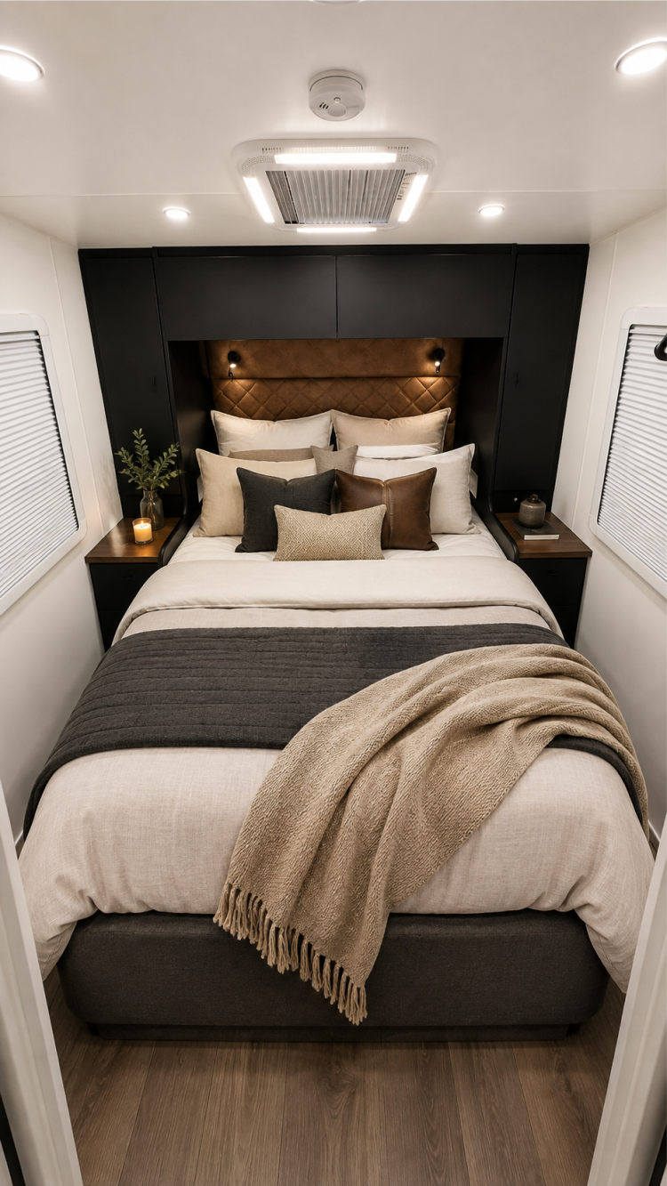 Queen bed with overhead cupboards inside the caravan