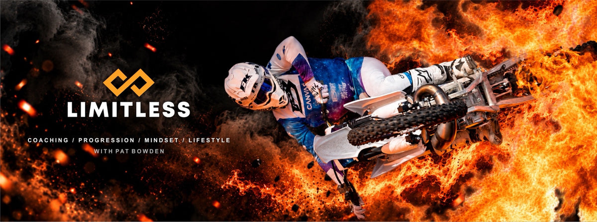 Limitless: Coaching, progression, mindset and lifestyle with Pat Bowden. Pat performs an FMX trick amid flames.