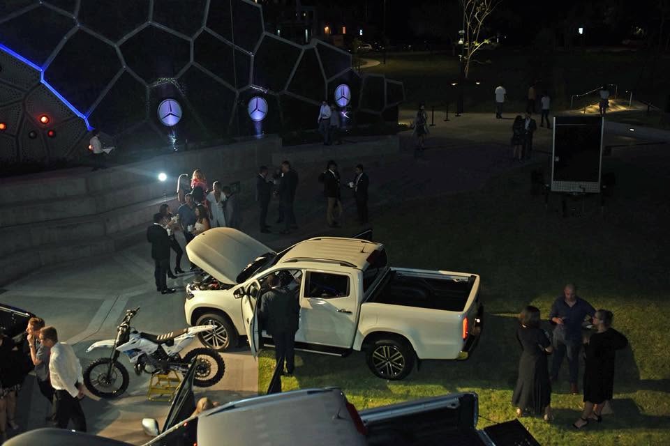 Overhead view of the Mercedes X-Class launch and motorcycle display