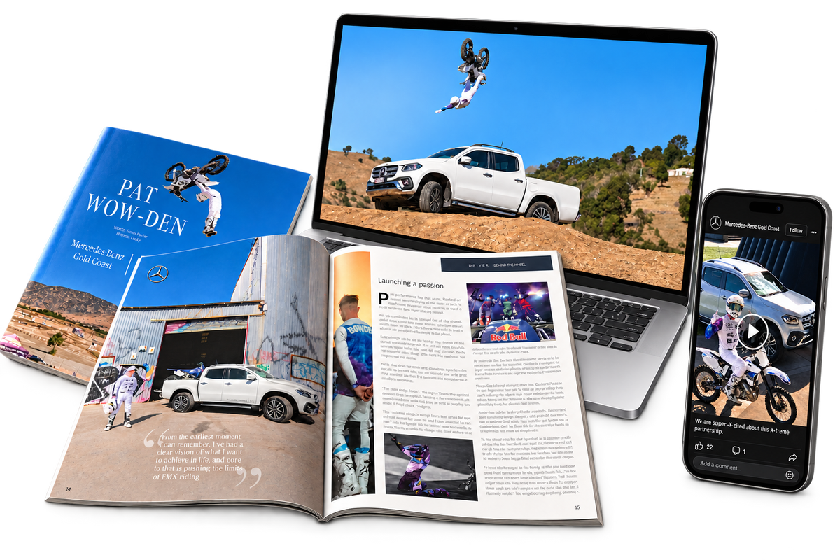 Mercedes-Benz partnership content shown across a magazine, laptop and Facebook-style phone mockup.