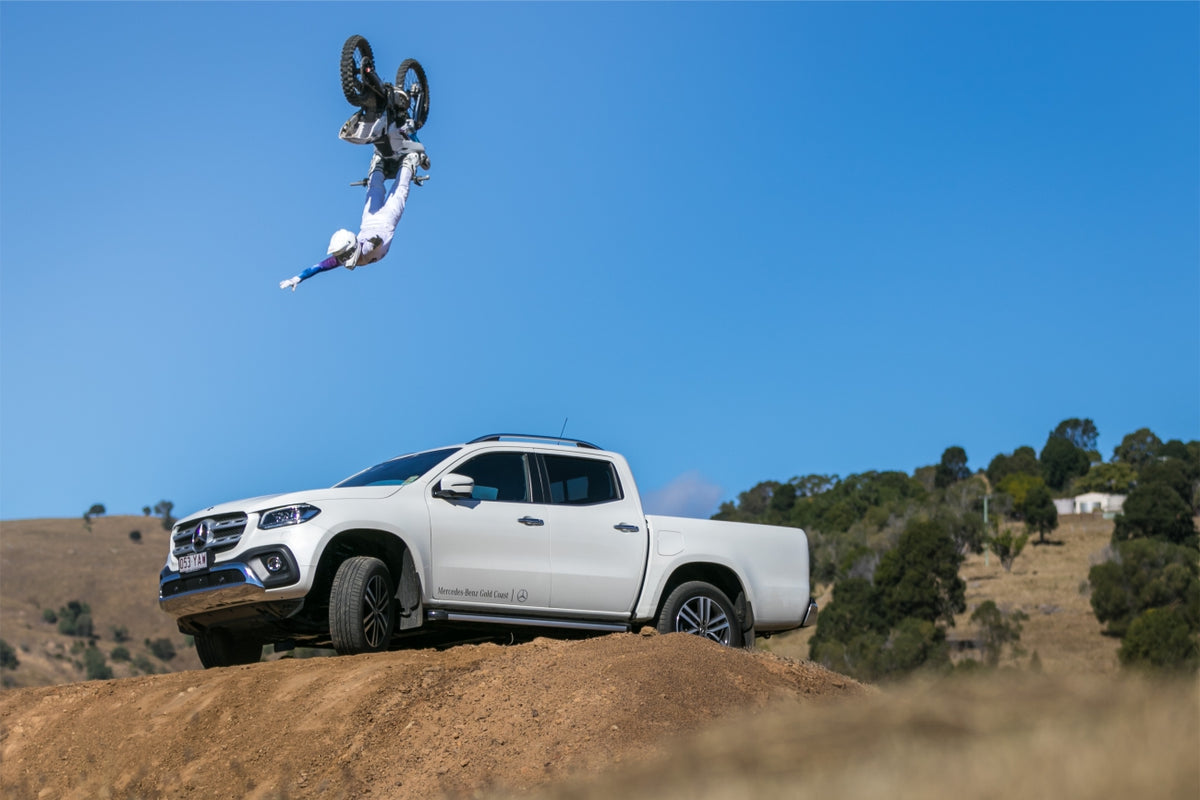 Pat Bowden riding above a Mercedes-Benz X-Class